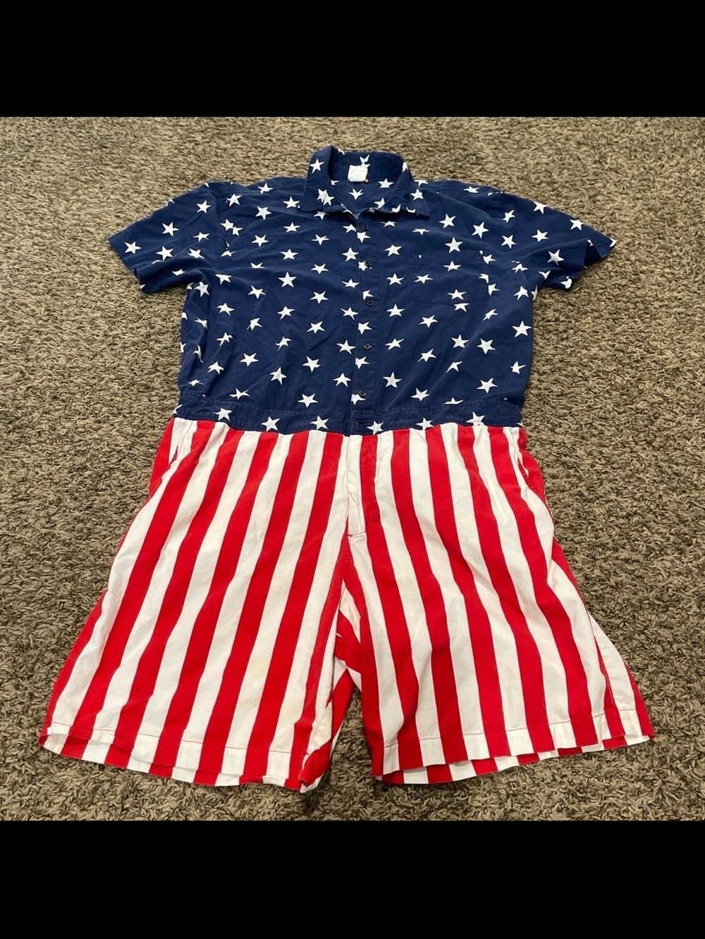well, worn American flag shorts, button-down jumpsuit men’s XL